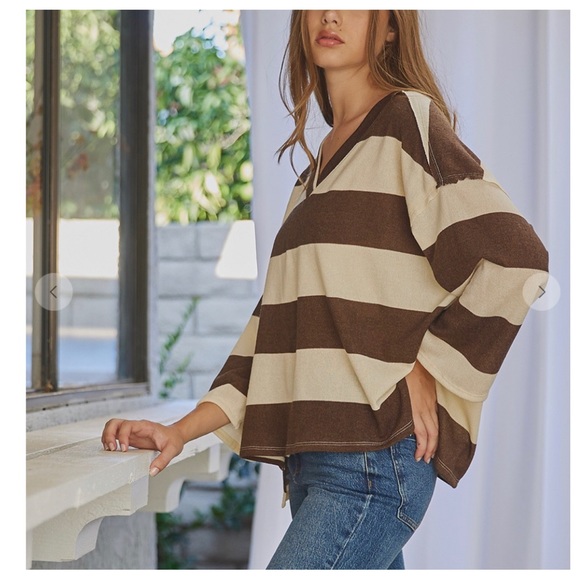 #07 So Cute Boho Color Block Striped V neck Loose Fit Top - Picture 4 of 6